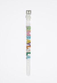 Clear plastic bracelet with colorful decorative letters and crystals. Letters in various colors: pink, green, blue, orange, and yellow.