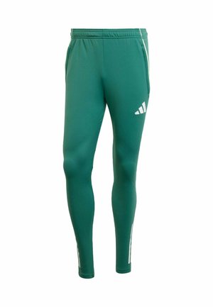 Leggings deportivos verdes fabricados en un tejido elástico, con un corte ajustado, cinturilla elástica, bolsillos laterales y acentos de logotipo en blanco.