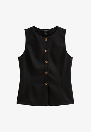 Black sleeveless blouse with a round neckline, featuring a front row of six brown buttons and tailored fit. Made from smooth fabric.