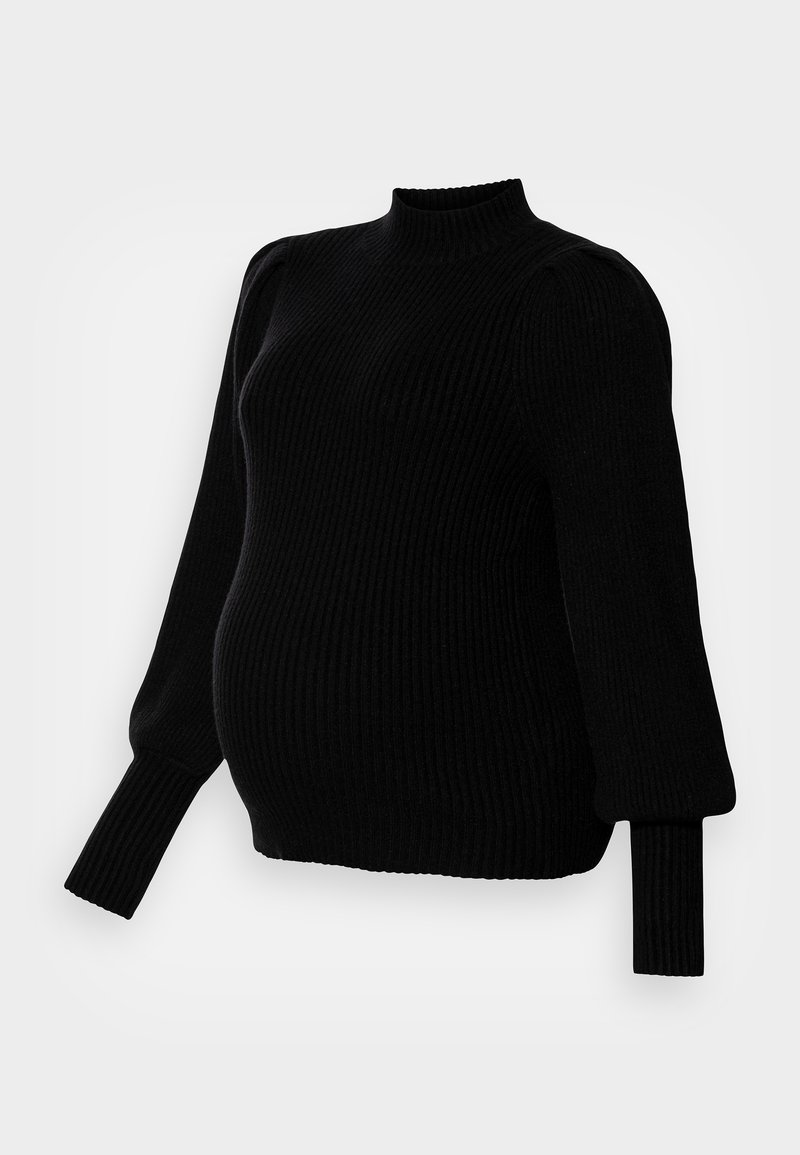 Pull en maille côtelée noir à col montant, avec des manches longues bouffantes et des poignets côtelés. Texture douce, conçu pour accueillir un ventre en croissance.