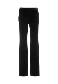 Zwarte, rekbare broek met een wijd-eigen ontwerp, elastische tailleband en gladde textuur. Geen zakken of zichtbare hardware. Geschikt voor casual wear.