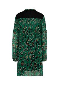 Grüne Seidenbluse mit Leopardenmuster, transparentem Stoff, schwarzem oberen Abschnitt und gepufften Ärmeln, die in elastische Bündchen enden. Knopfverschluss hinten.