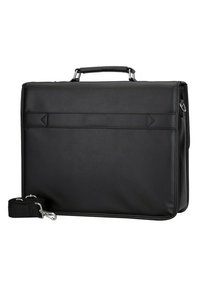 Bolsa de portátil negra hecha de material sintético, con un diseño estructurado, asas superiores y correa de hombro desmontable. Textura suave con detalles.