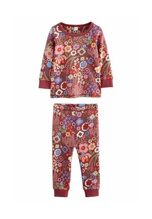 Virágmintás pizsama szett, hosszú ujjas felsővel és hozzá illő nadrággal. Puha anyagból készült, piros alapszínnel és több színben pompázó virágmintákkal.
