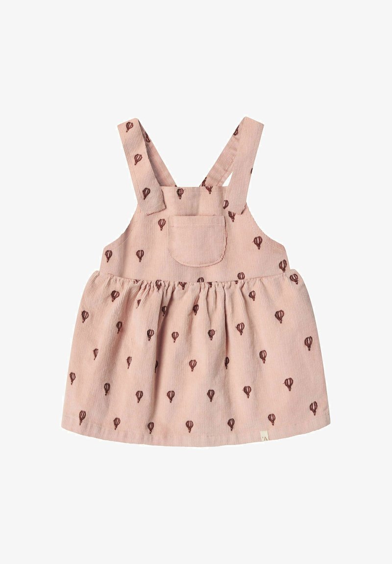 Roza kordurojna obleka z vzorcem rjavih balonov na vroč zrak, nastavljive naramnice, sprednji žep in nabran pas za razširjen silhueto.