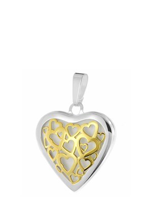 Heart-shaped silver pendant with multiple small gold hearts intertwined inside, attached to a silver bail for a necklace.