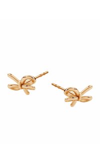 Złote kolczyki-studki w kształcie kokard, z gładkimi krzywiznami i polerowanym wykończeniem, z prostym postem dla bezpiecznego dopasowania.