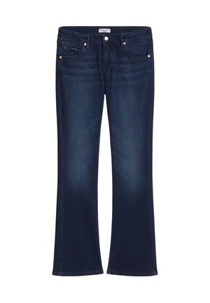 Dunkelblaue Jeans aus Denim mit ausgestelltem Bein, fünf Taschen, goldfarbenen Beschlägen und glatter Textur. Keine sichtbaren Muster.