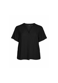 Blusa negra de manga corta con escote en V, corte holgado y textura suave; presenta pliegues sutiles para un detalle adicional.