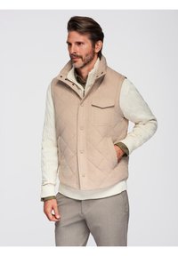 Gilet beige trapuntato con colletto alto, tasca frontale e chiusura a bottone. Indossato sopra un maglione crema a trecce e una camicia oliva. Texture liscia.