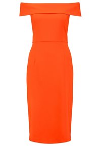 Oranges Off-Shoulder-Kleid, tailliertes Design, knielang, glatte Textur und minimale Details mit dezenten Seitentaschen.