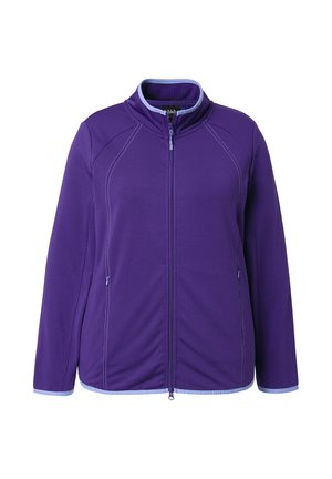 Fialová fleecová bunda s vysokým límcem, celopropínacím zipem, předními kapsami a světle modrými detaily na manžetách a límci. Obsahuje kontrastní švy.