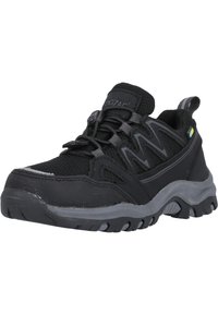 Botte de sport noire avec une tige en maillage texturé, accents gris et semelle en caoutchouc dotée d'un motif de aderence. Les lacets élastiques assurent un ajustement sécurisé.