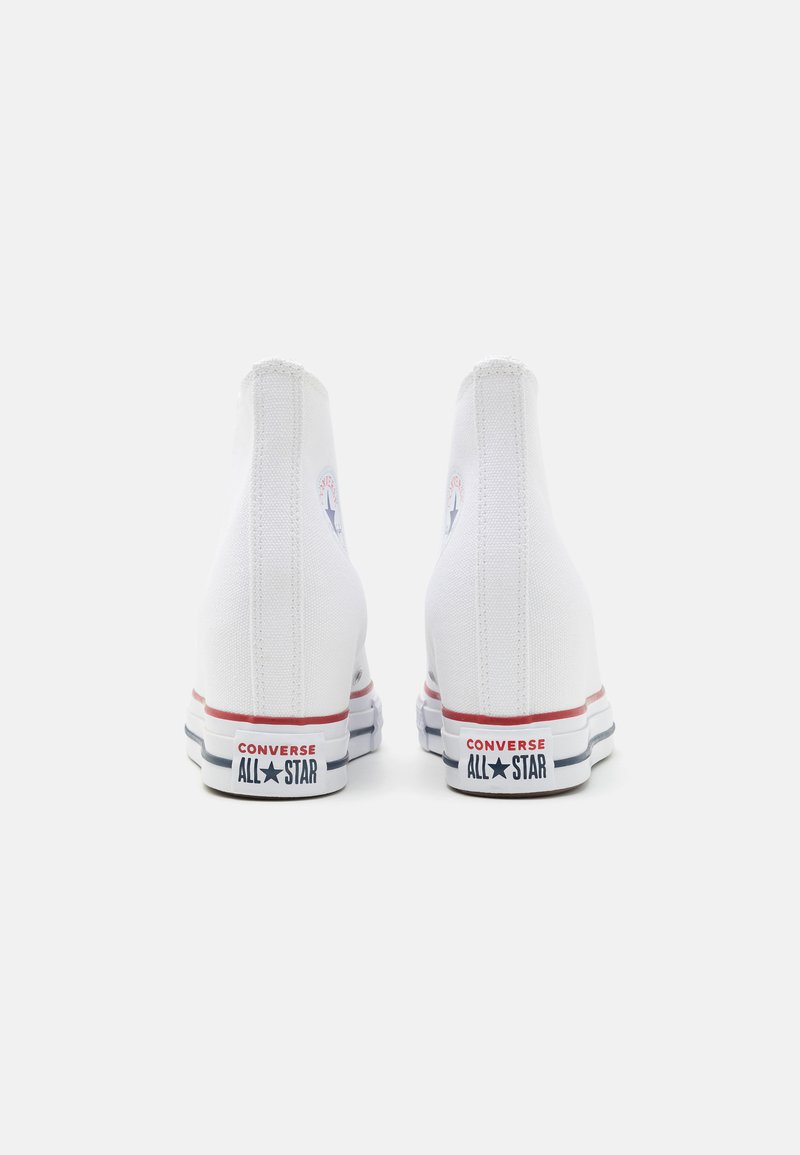 Zapatillas altas de lona blancas con suelas de goma. Presentan acentos rojos y azules en la suela y un parche de logo en la parte trasera.