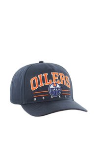 Marineblaue Baseballmütze aus Baumwolle mit den Logos "OILERS" und "HOCKEY" in Orange, mit gebogenem Schirm und verstellbarem Riemen.