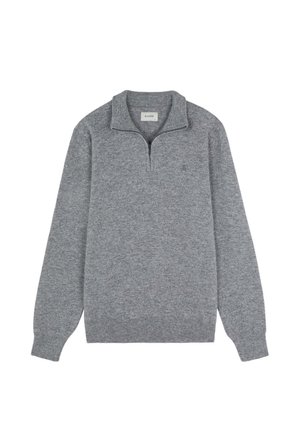 Szary sweter z zamkiem przy kołnierzu, wykonany z miękkiego dzianiny. Posiada długie rękawy i subtelne logo na klatce piersiowej.