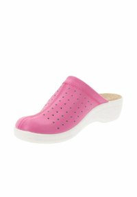 Zoccolo rosa con design curvo, realizzato in materiale resistente. Suola a cuneo bianca con superficie strutturata e dettagli forati per la traspirabilità.