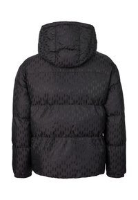 Svart vadderad jacka med huva och ett subtilt geometriskt mönster. Tillverkad av glansigt tyg, den har elastiska mudd och en indragen midja.