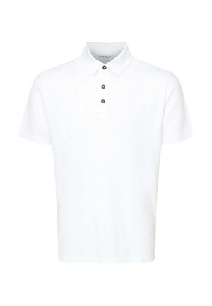 Polo-shirt blanc en coton, avec un col, une patte de boutonnage à trois boutons noirs, des manches courtes et un ourlet droit.