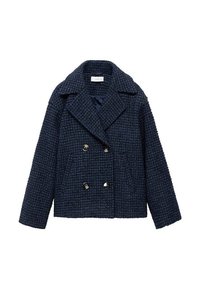 Temno modra, strukturirana dvoklopna jakna z velikimi reviri, dvema sprednjima žepoma in sijočimi črnimi gumbi. Kratek krojeni dizajn.