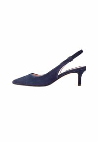 Navy suede slingback korkokengät teräväkärkinen, ohuella korolla ja litteällä nilkkahihnalla. Sileä pinta, jossa on vähäisiä ompeluyksityiskohtia.