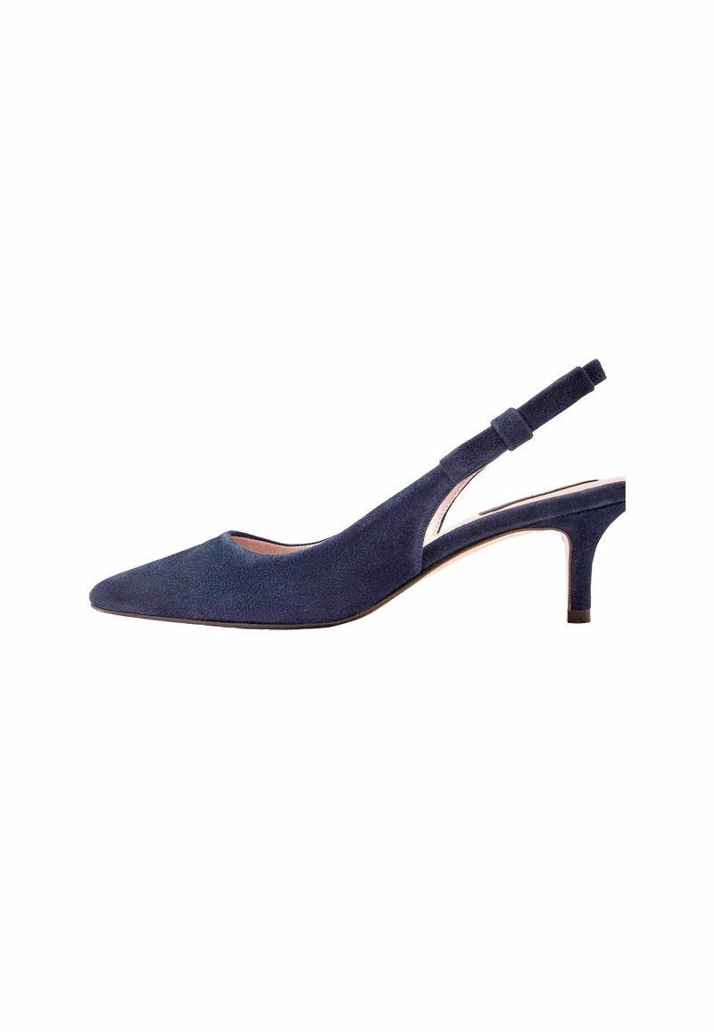 Navy suede slingback korkokengät teräväkärkinen, ohuella korolla ja litteällä nilkkahihnalla. Sileä pinta, jossa on vähäisiä ompeluyksityiskohtia.