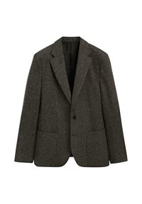 Grauer strukturierter Blazer mit schmalem Revers, einreihigem Knopfverschluss, zwei Vorderaschen und leicht tailliertem Schnitt.