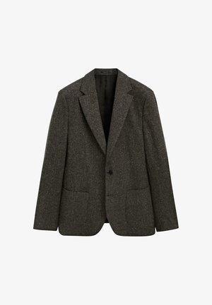 Grijze textuur blazer met een notch-revers, enkele knoopsluiting, twee voorzakken en een licht getailleerde pasvorm.