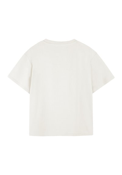 T-shirt à manches courtes, col rond en coton écru. Présente une coupe décontractée avec une texture lisse et sans design ni accents visibles.