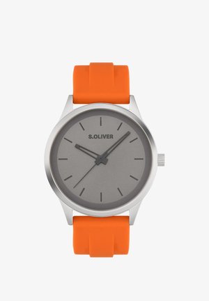 Round watch with a grey dial, silver case, and orange silicone strap. Features minimalist hour markers and logo at the 12 o'clock position.