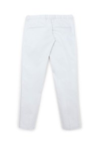 Hellgraue Hosen mit glatter Textur, elastischem Bund und zwei Gesäßtaschen. Gerade Passform mit einem sauberen, minimalen Erscheinungsbild.