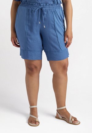 Shorts blu scampanati fino al ginocchio con una vita elastica e cordini. Realizzati in un tessuto leggero con dettagli di cucitura visibili.