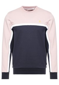 Sudadera de cuello redondo con mangas largas, que presenta una sección superior rosa, un cuerpo azul marino y franjas laterales blancas. Fabricada en una suave mezcla de algodón.