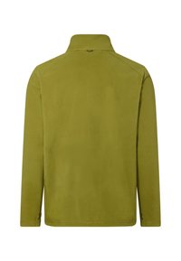 Veste polaire vert olive à manches longues et col montant, vue de dos sur fond blanc.