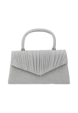 Hopeinen, kimaltava käsilaukku, jossa on laskostettu läppä ja kääritty kahva, suorakaiteen muotoinen ja jäsennelty muotoilu.