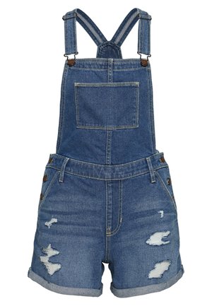 Denim korte overalls met verstelbare bandjes, borstzak aan de voorkant, knopen aan de zijkant en verweerde plekken op beide benen, omgeslagen zoom.