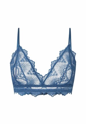 Bralette in pizzo blu con bordi ondulati, spalline sottili regolabili e motivi floreali. Materiale morbido e leggero che aumenta il comfort.