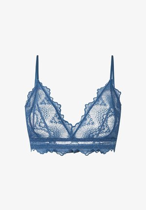 Blauwe kanten bralette met gegolfde randen, dunne verstelbare bandjes en bloemmotieven. Zacht, lichtgewicht materiaal verhoogt het comfort.