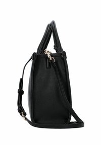 Zwarte lederen handtas met een gestructureerd ontwerp, dubbele bovenhandvatten en een afneembare schouderriem. Getextureerde buitenkant en gouden hardware accenten.