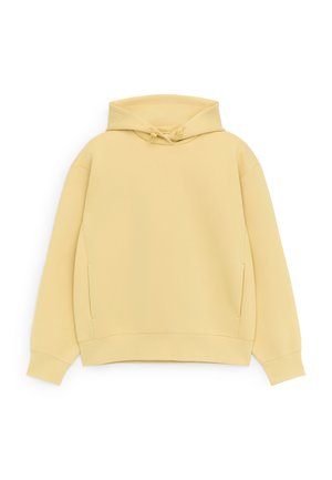 Lichtbeige pullover hoodie met lange mouwen, voorzakken in kangoeroestijl en verstelbare trekkoord bij de capuchon.