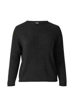Dunkelgrauer Langarm-Strickpullover mit Rundhalsausschnitt und dezentem vertikalem Strickmuster auf der Vorderseite.