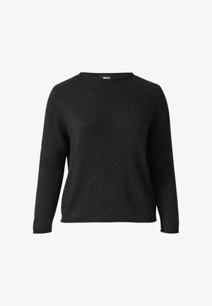 Tumehall pikkade varrukatega kudum, millel on ümar kaelus ja peen vertikaalne kootud muster keskosas.