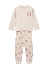 Dětská béžová pyžamová souprava s dlouhým rukávem, na hrudi s malou tváří lva a s odpovídajícím vzorem tváří lva na kalhotách.