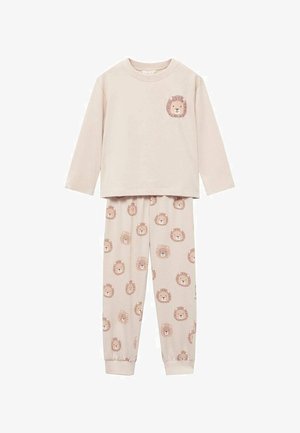 Ensemble de pyjama beige à manches longues pour enfants avec un petit visage de lion sur la poitrine et un motif assorti de visages de lion sur le pantalon.