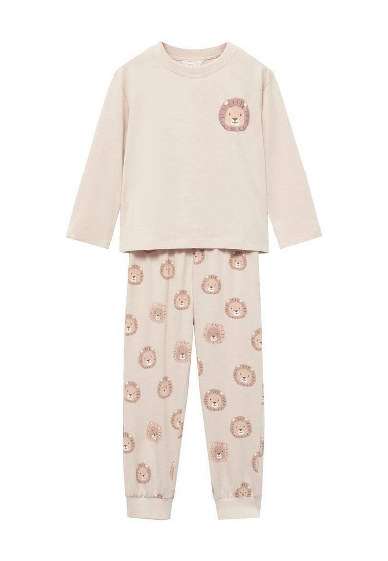 Dětská béžová pyžamová souprava s dlouhým rukávem, na hrudi s malou tváří lva a s odpovídajícím vzorem tváří lva na kalhotách.