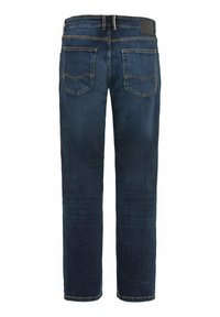 Granatowe dżinsy o prostym kroju, z dwiema tylnymi kieszeniami z charakterystycznym haftem i teksturowanym wykończeniem.