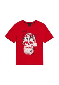 Czerwona bawełniana koszulka z dużą grafiką czaszki w czapce Mikołaja, z białą brodą i czarnym napisem: "AIN'T NO SAINT HO! HO! HO!"