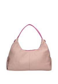 Borsa in pelle rosa chiaro con forma arrotondata, dotata di un manico rosa a contrasto e chiusura con zip. Texture liscia con dettagli di cucitura sottili.