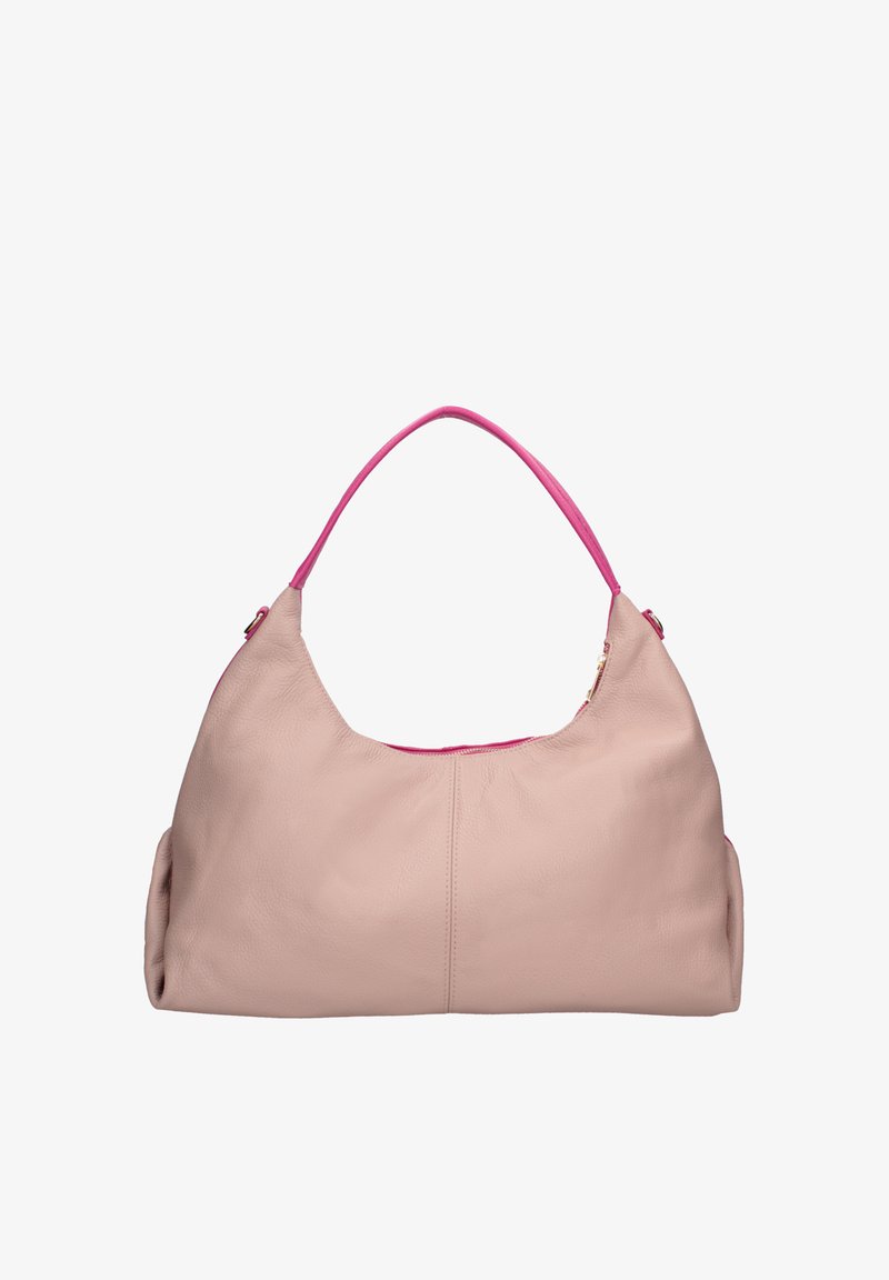 Zachte roze leren tas met een gebogen vorm, voorzien van een contrasterende roze handgreep en een ritssluiting. Glad textuur met subtiele stikdetails.