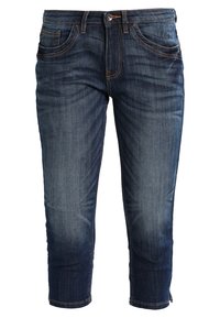 Mörkblå denimcroppade jeans med fem fickor, blekt framstycke, brassknappstängning och kontrasterande orange sömmar.